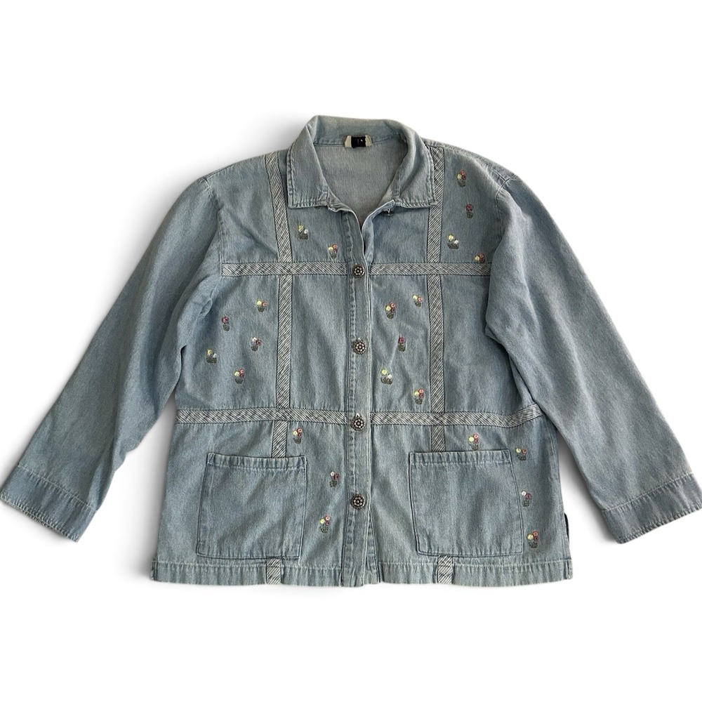 Vtg TEDDI Shacket L Denim Floral Button Embroidered Jacket Cottagecore Grandma